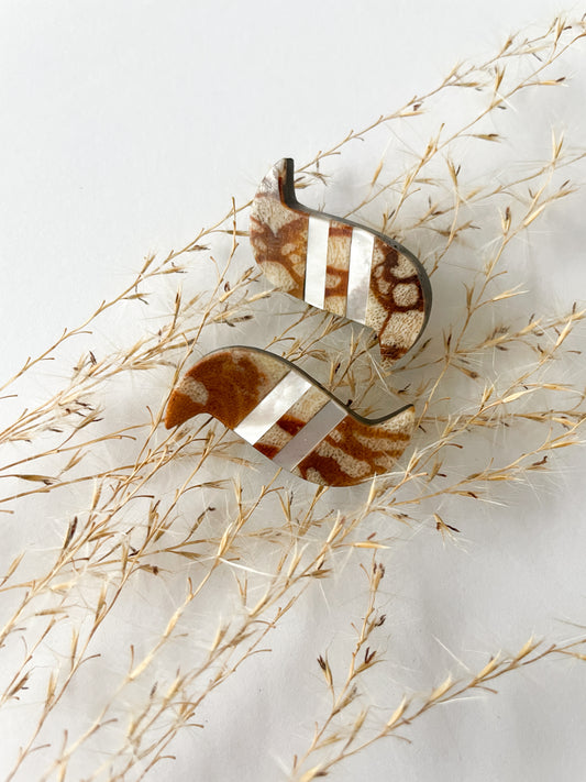 1980s Vintage Abstract Brown & Mother of Pearl Wing Shaped Earrings