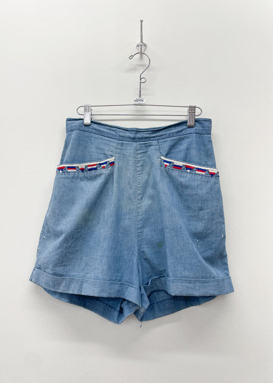1950s Vintage Embroidered Chambray High Waist Shorts