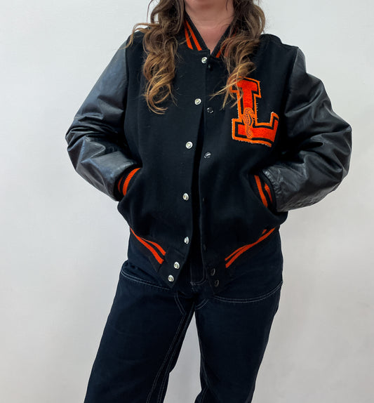 1960s Vintage Leo High School Black and Orange Letterman Jacket