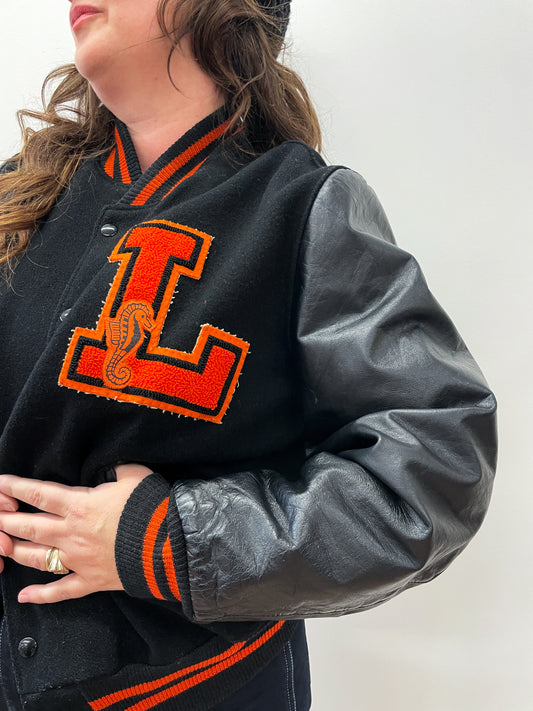 1960s Vintage Leo High School Black and Orange Letterman Jacket