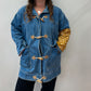 1990s Vintage Wooden Toggle Denim Chore Coat Jacket With Vintage Fabric Patches