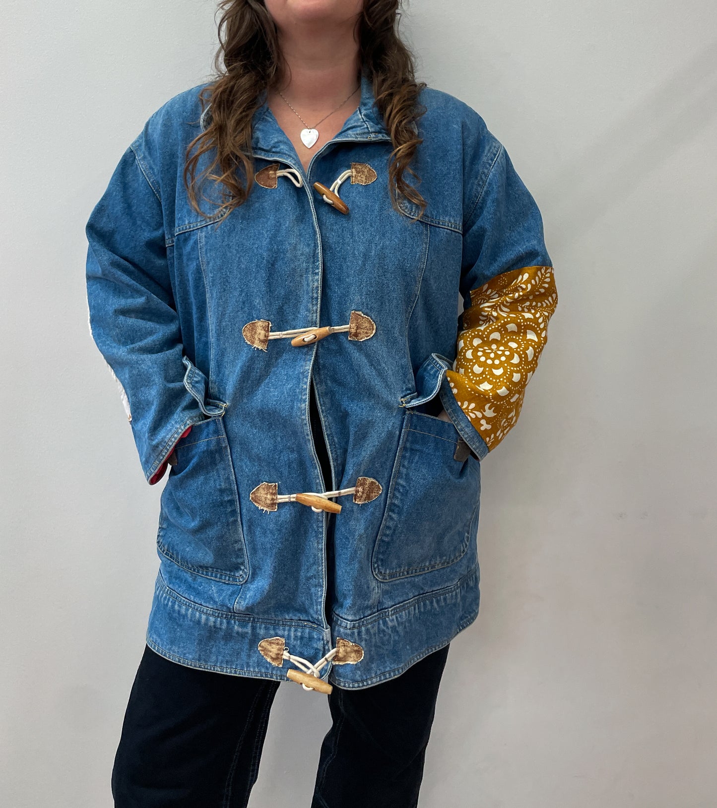 1990s Vintage Wooden Toggle Denim Chore Coat Jacket With Vintage Fabric Patches