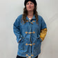 1990s Vintage Wooden Toggle Denim Chore Coat Jacket With Vintage Fabric Patches