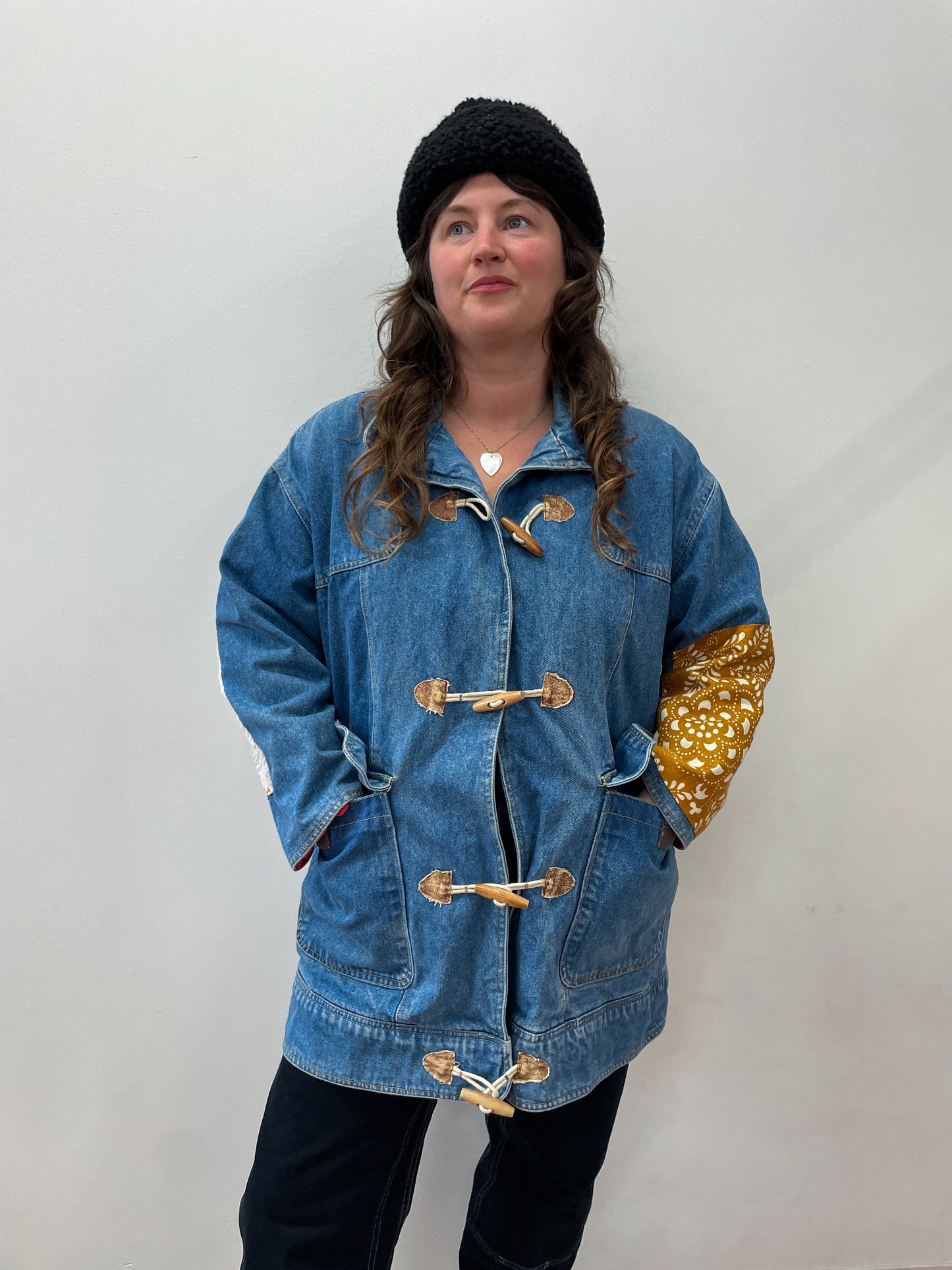 1990s Vintage Wooden Toggle Denim Chore Coat Jacket With Vintage Fabric Patches