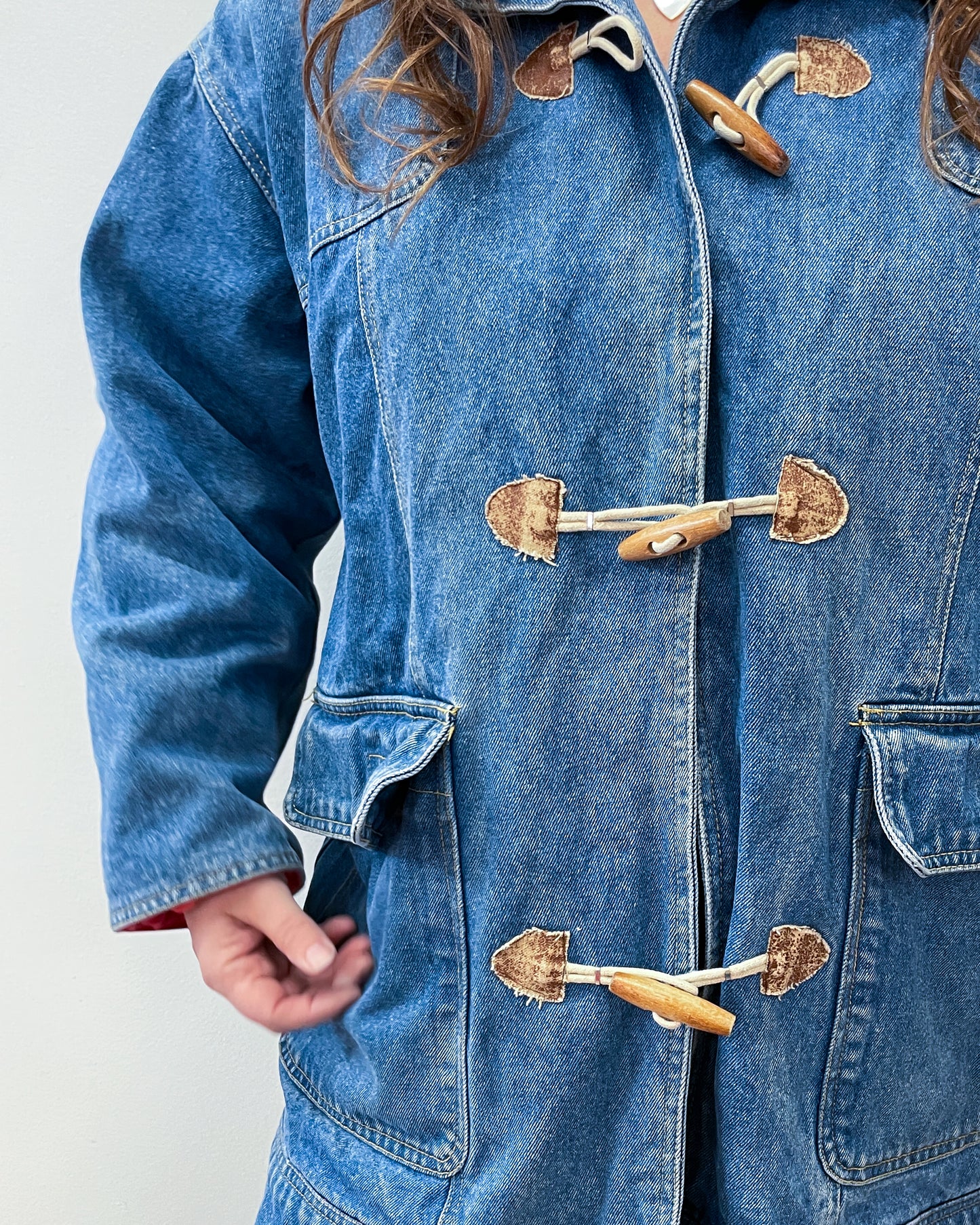 1990s Vintage Wooden Toggle Denim Chore Coat Jacket With Vintage Fabric Patches