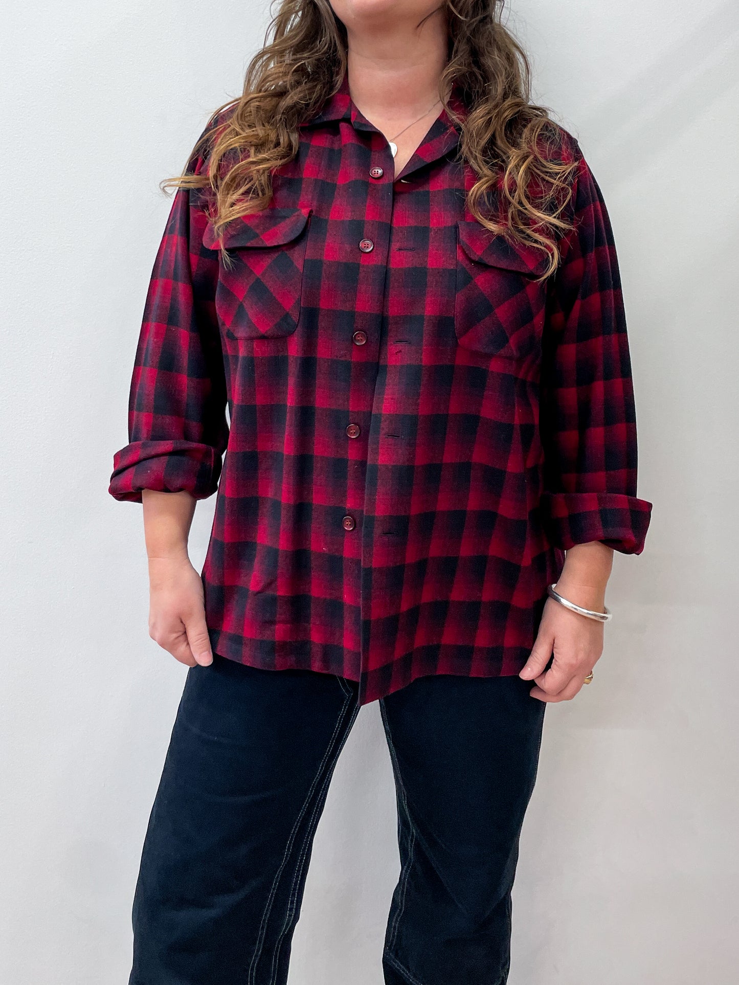 1950s Vintage Pendleton Red Shadow Plaid Flannel Button Down