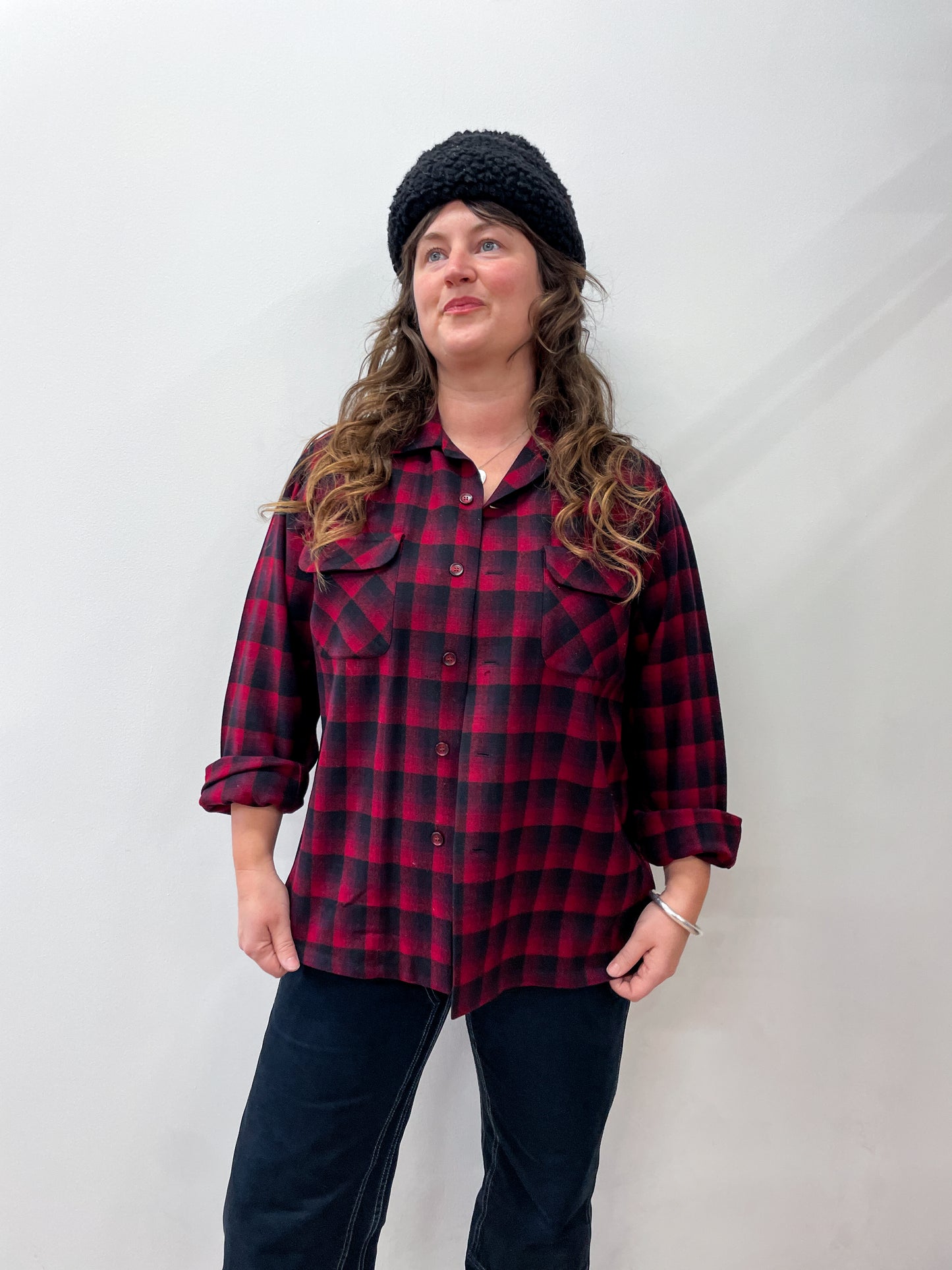 1950s Vintage Pendleton Red Shadow Plaid Flannel Button Down