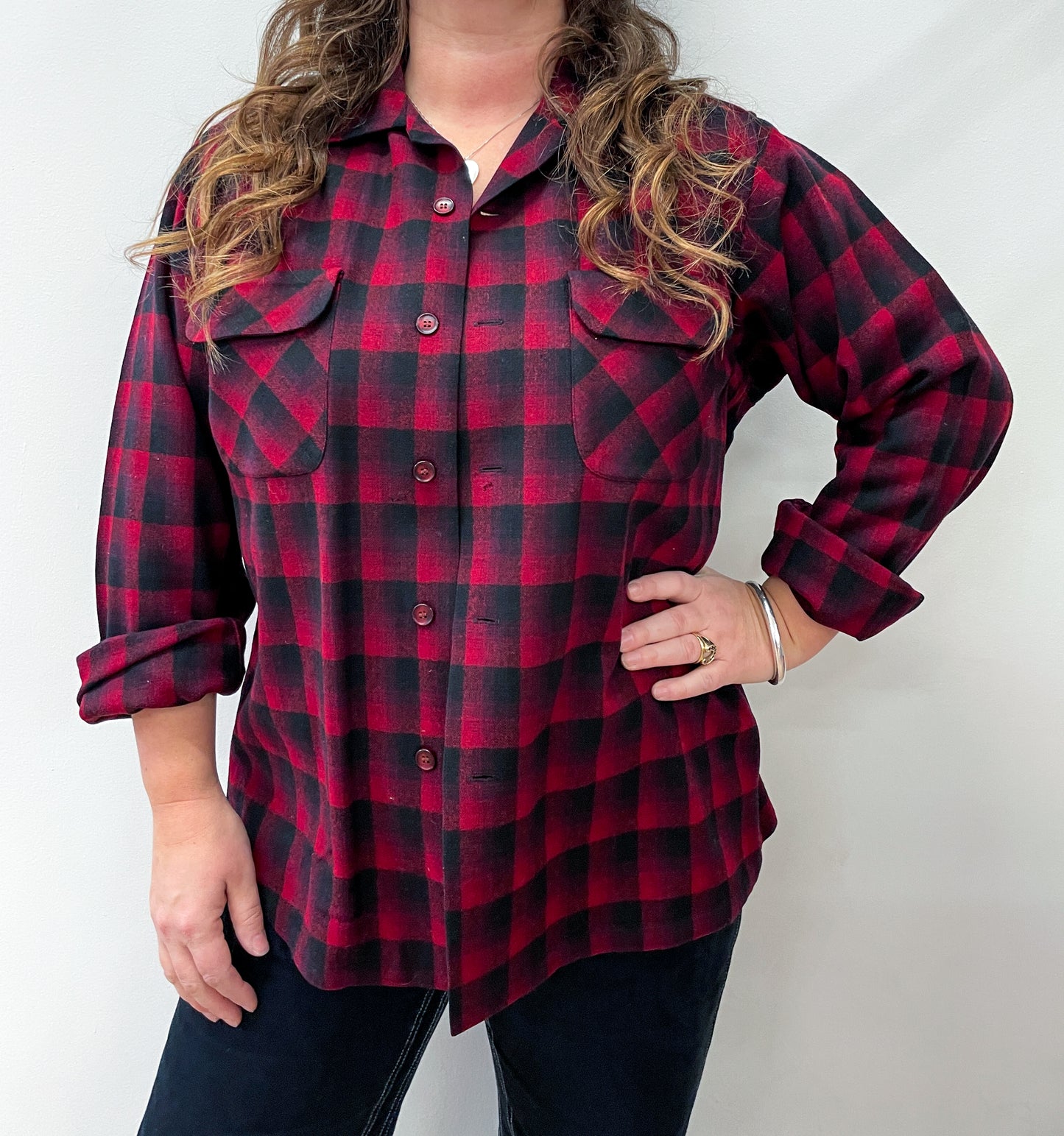 1950s Vintage Pendleton Red Shadow Plaid Flannel Button Down
