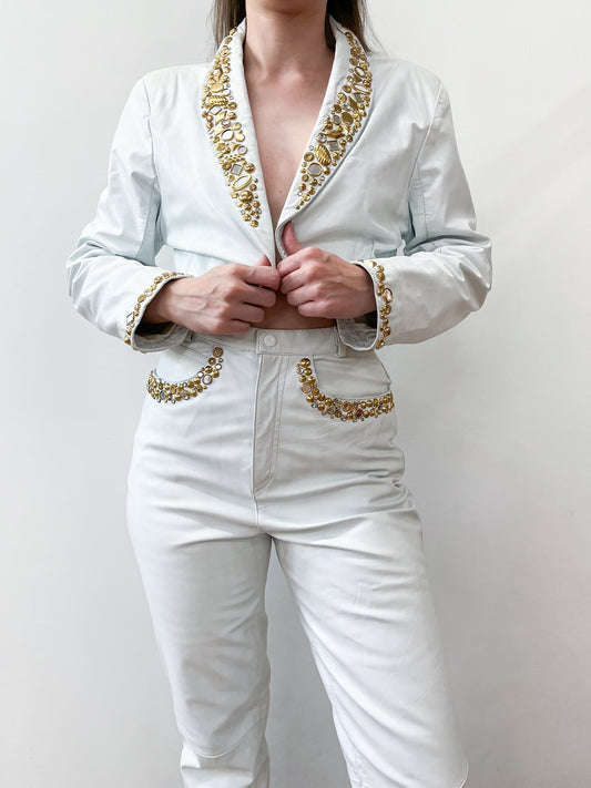 1980s Vintage Bedazzled White Leather 2 Piece Rockstar Set by Dangerous Threads