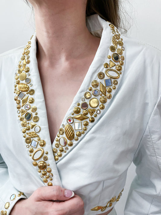 1980s Vintage Bedazzled White Leather 2 Piece Rockstar Set by Dangerous Threads