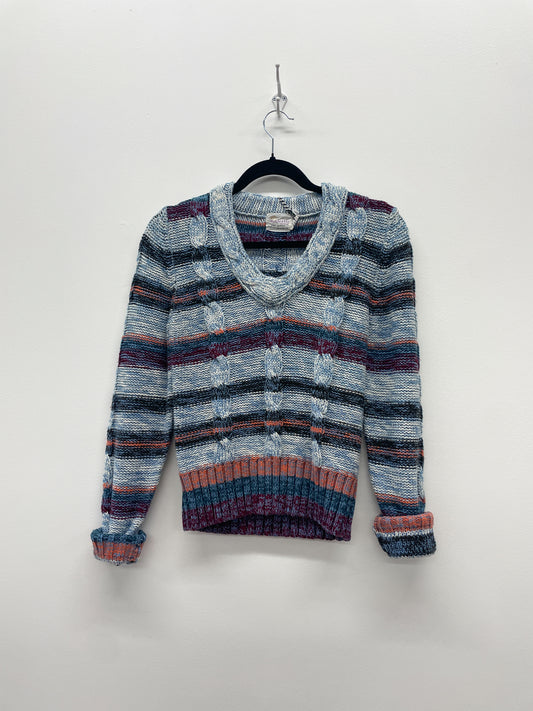 1970s Vintage Space Dye Chunky Cable Knit V-Neck