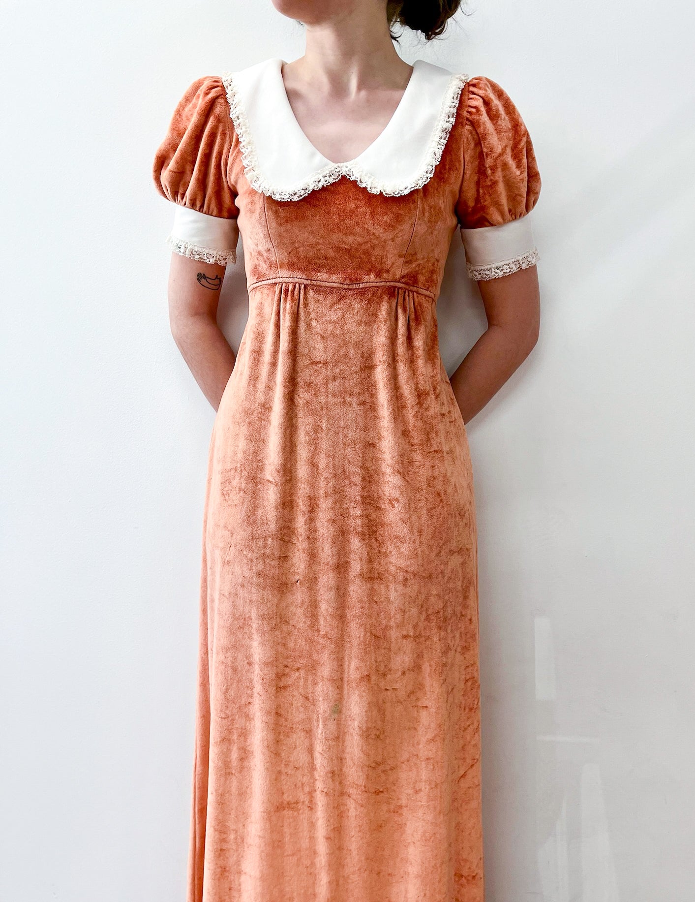 1970s Vintage Orange Velour Maxi Dress