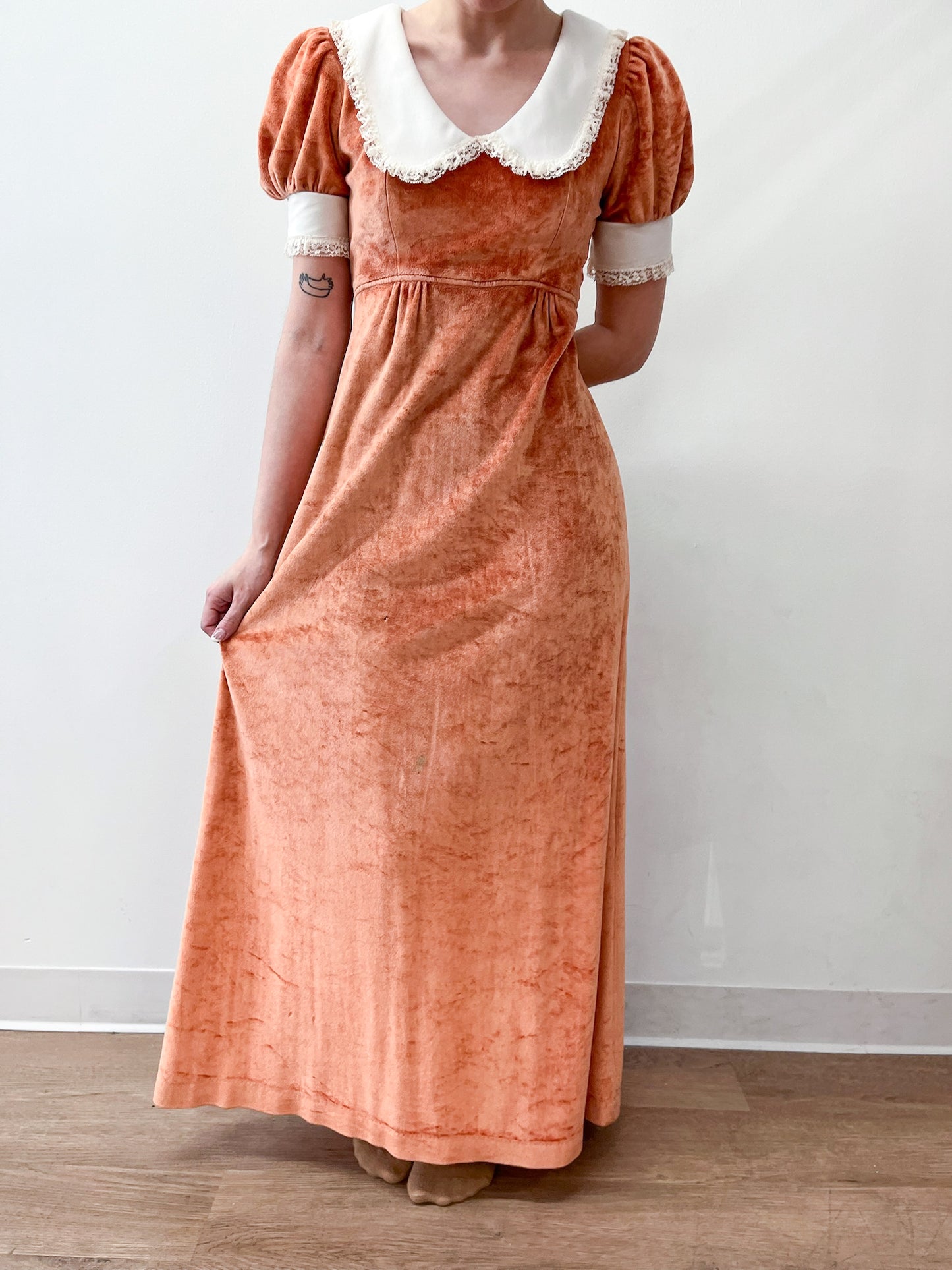 1970s Vintage Orange Velour Maxi Dress