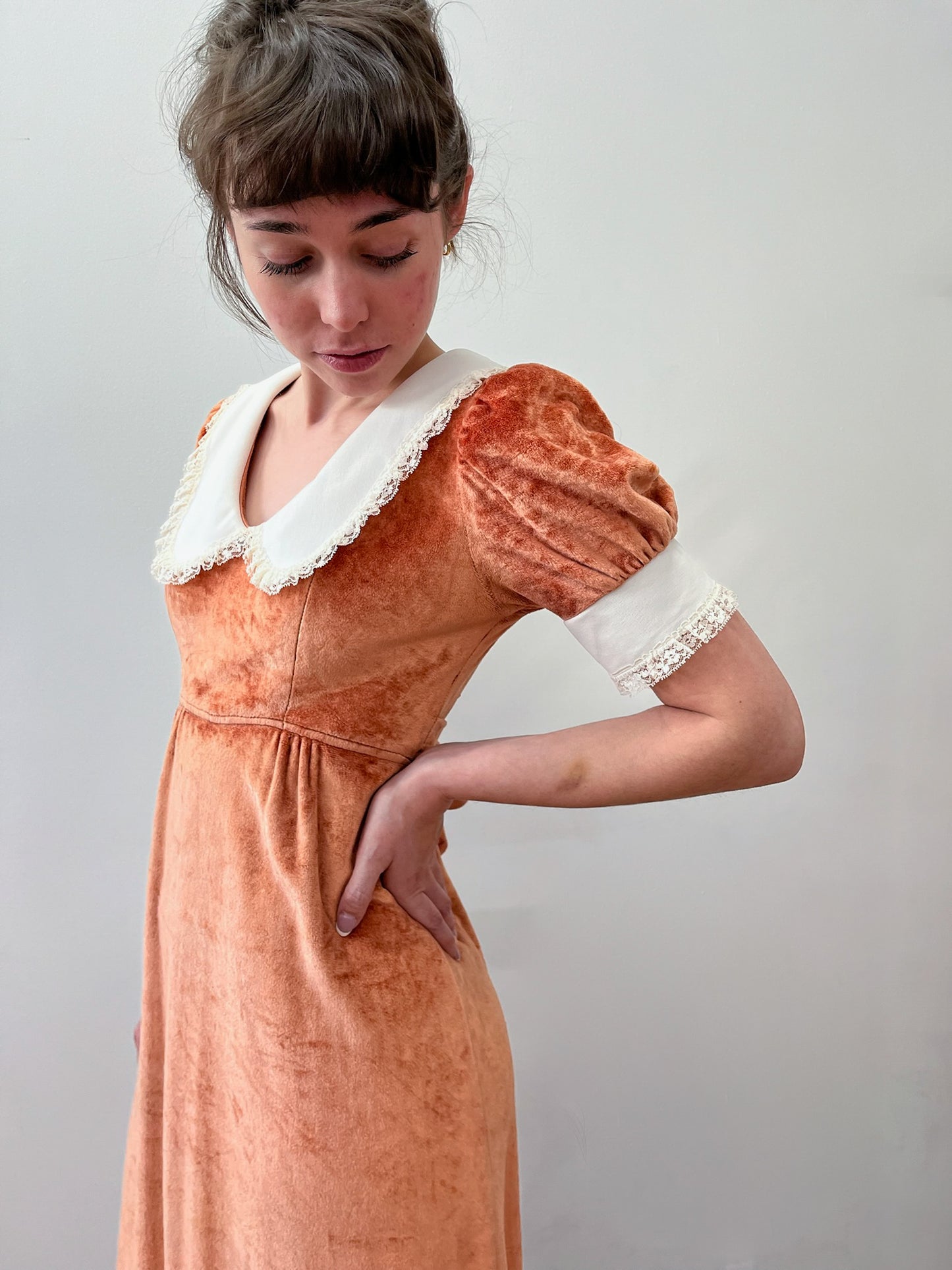 1970s Vintage Orange Velour Maxi Dress