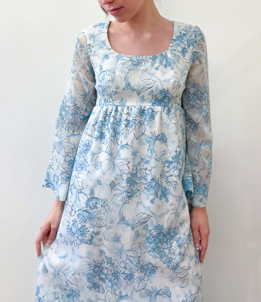 1960s Vintage Light Blue Floral Flare Sleeve Gown
