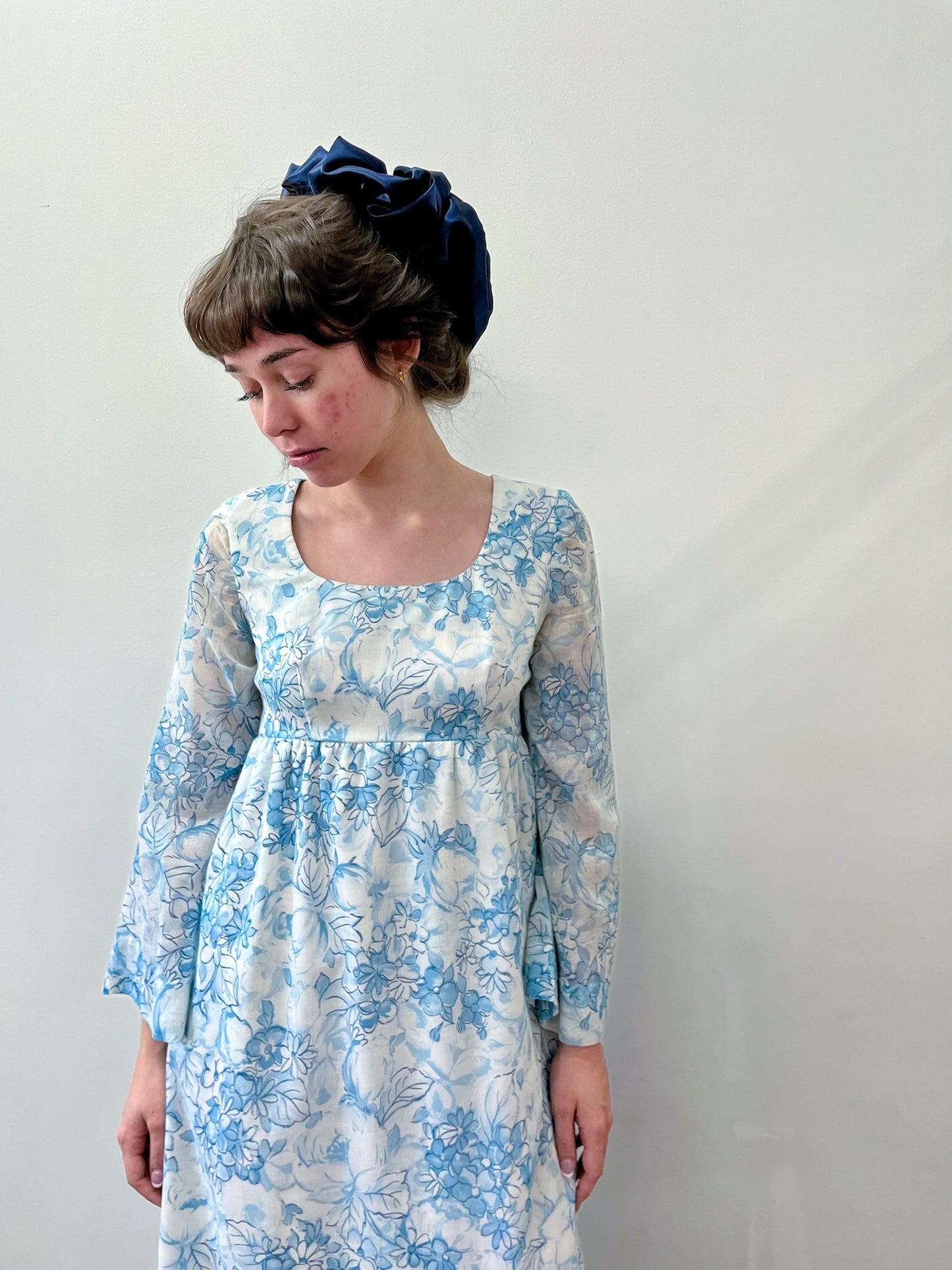 1960s Vintage Light Blue Floral Flare Sleeve Gown