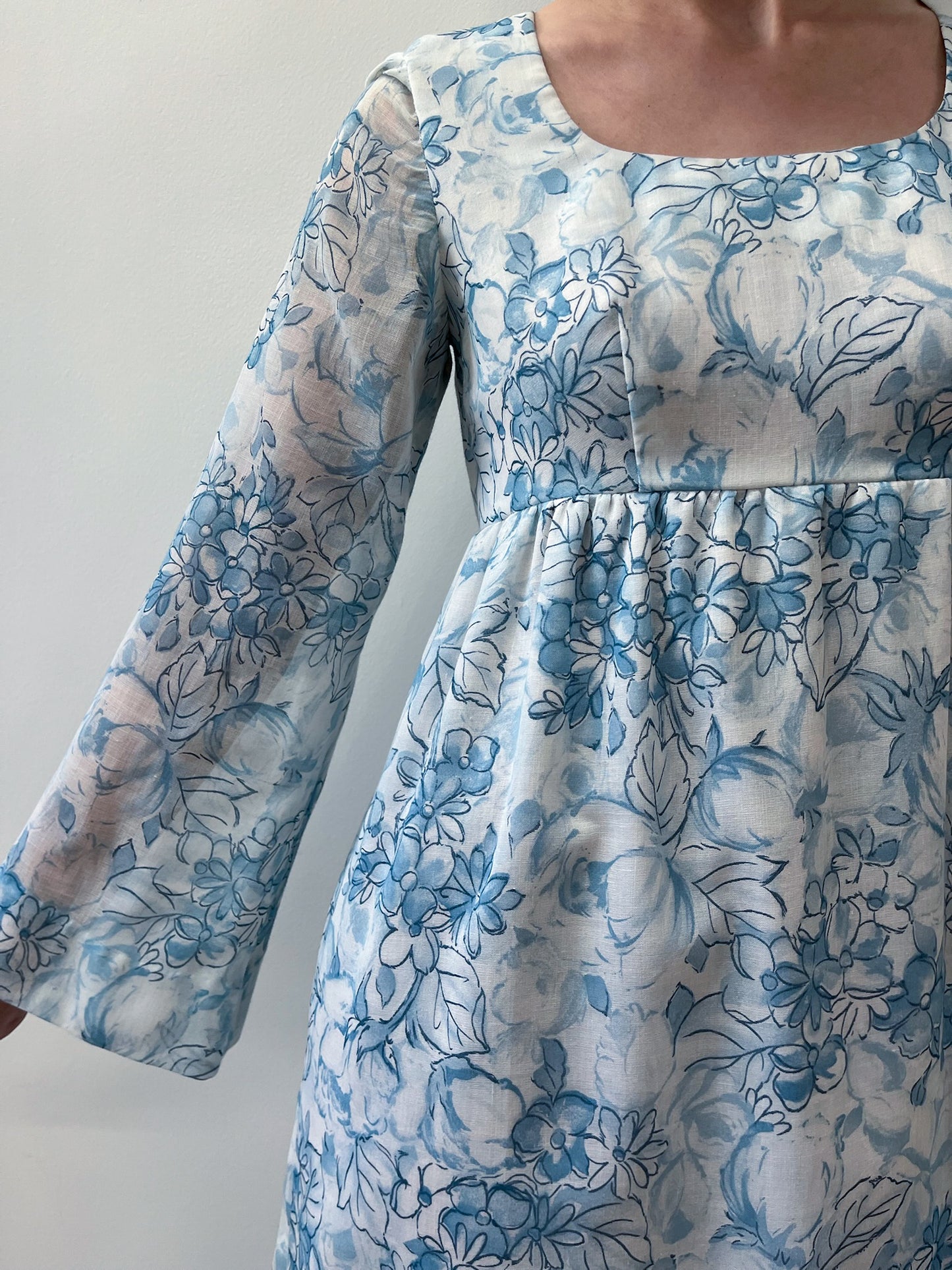 1960s Vintage Light Blue Floral Flare Sleeve Gown