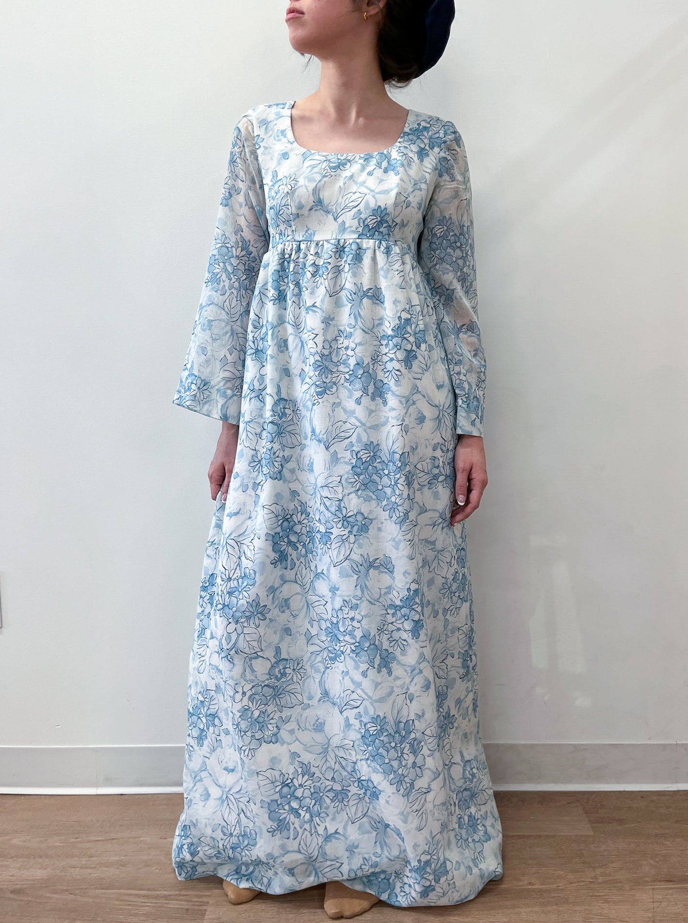 1960s Vintage Light Blue Floral Flare Sleeve Gown