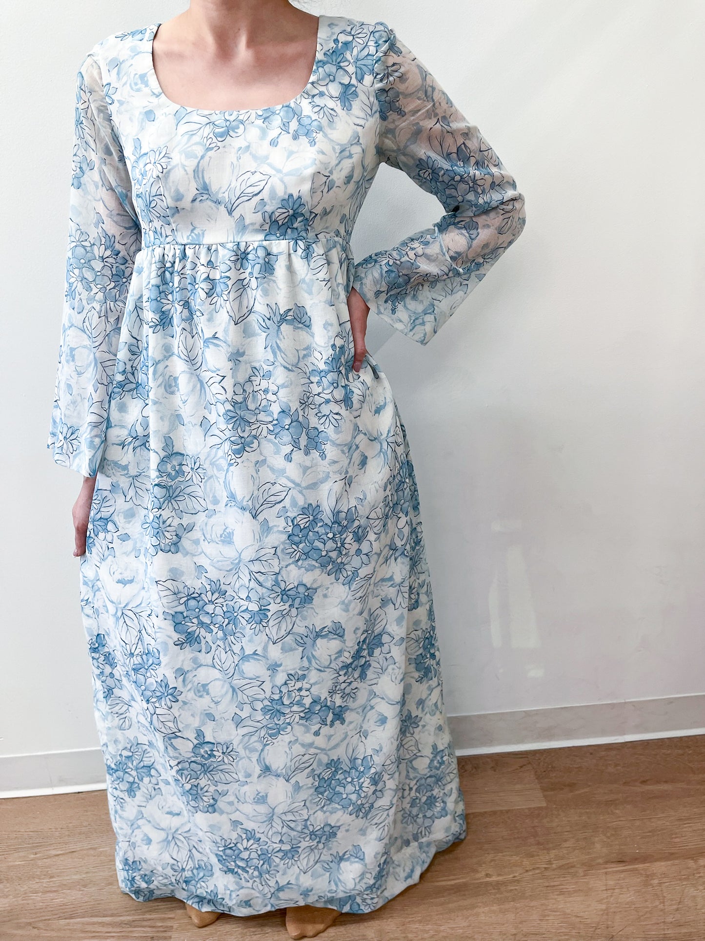 1960s Vintage Light Blue Floral Flare Sleeve Gown
