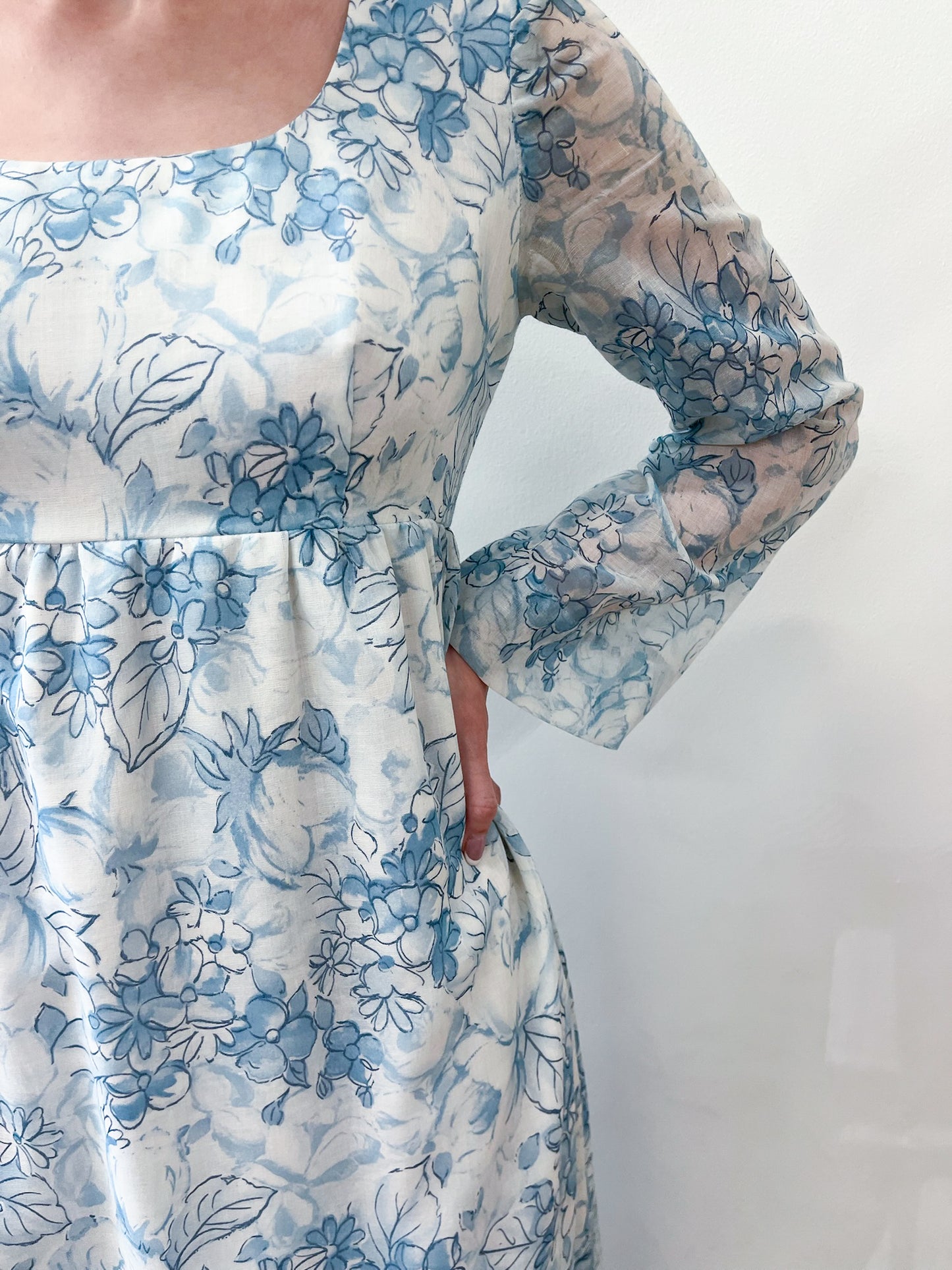 1960s Vintage Light Blue Floral Flare Sleeve Gown