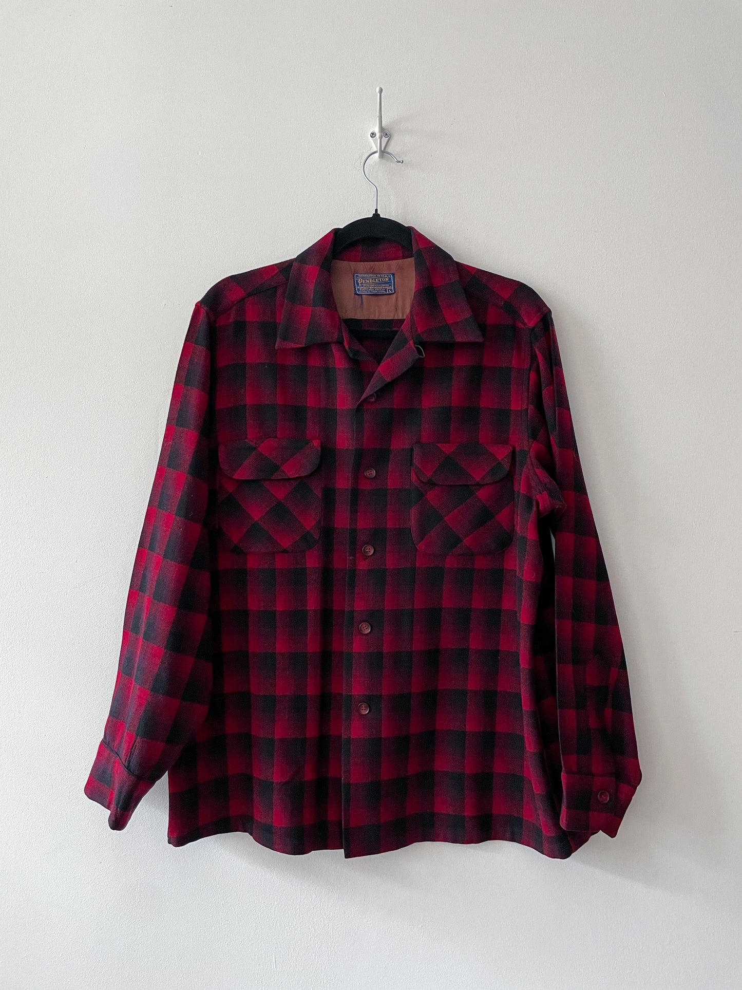 1950s Vintage Pendleton Red Shadow Plaid Flannel Button Down