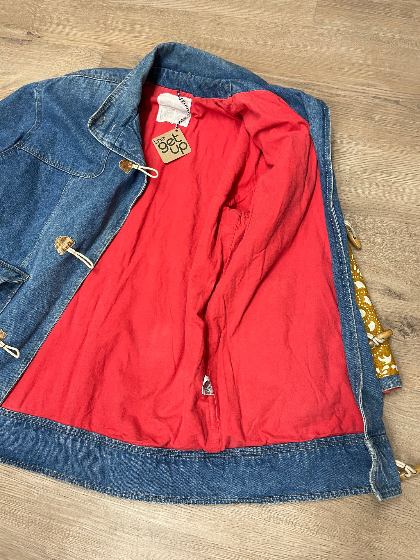 1990s Vintage Wooden Toggle Denim Chore Coat Jacket With Vintage Fabric Patches