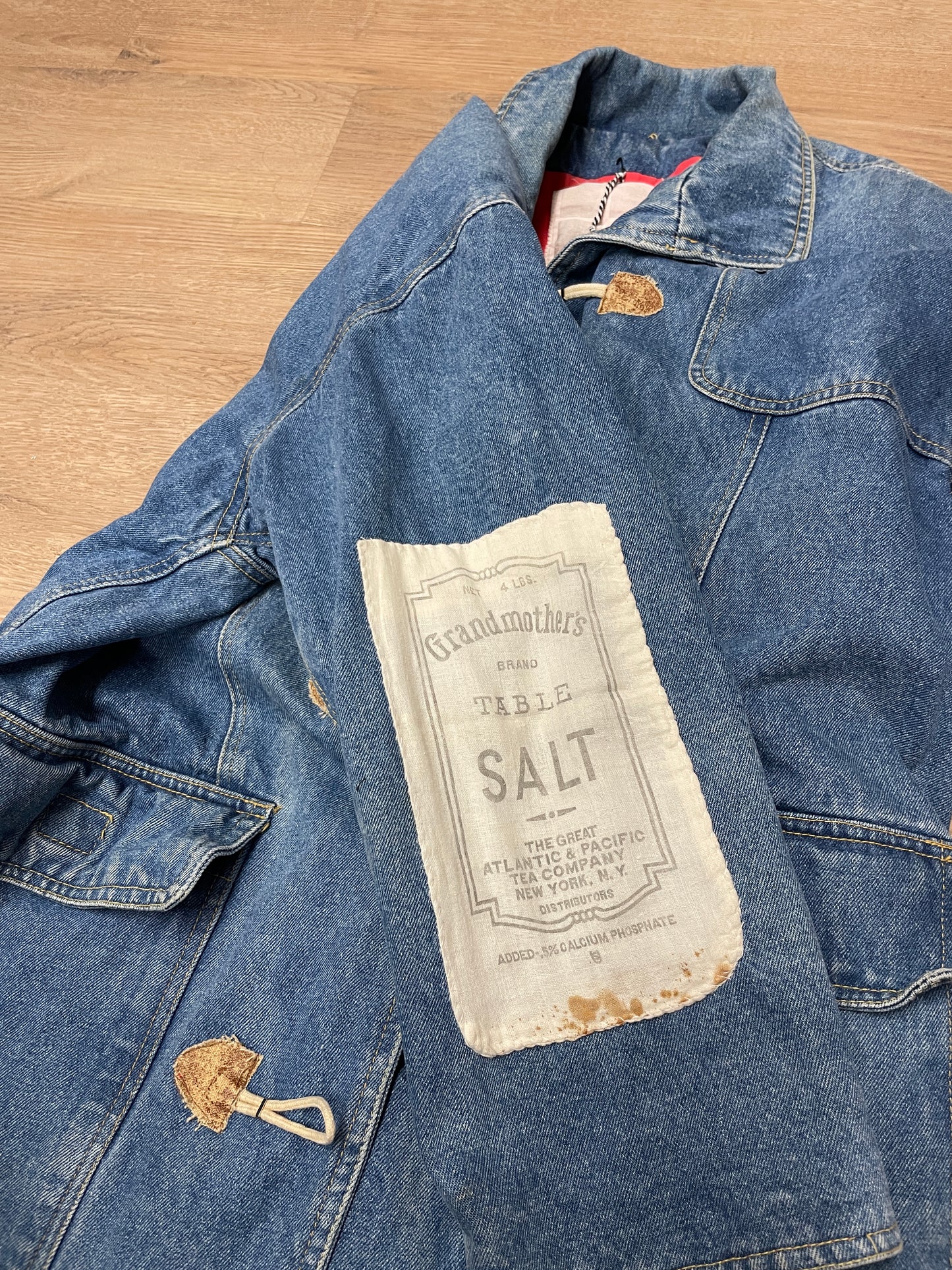 1990s Vintage Wooden Toggle Denim Chore Coat Jacket With Vintage Fabric Patches