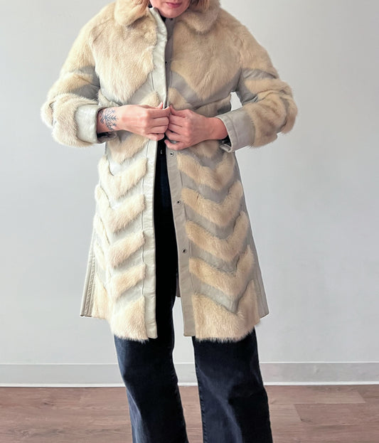 1970s Vintage Mink and Leather Chevron Coat by Franklin Simon New York