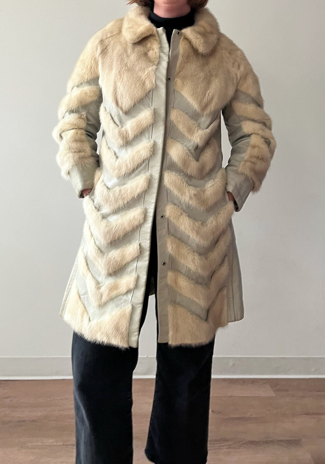 1970s Vintage Mink and Leather Chevron Coat by Franklin Simon New York