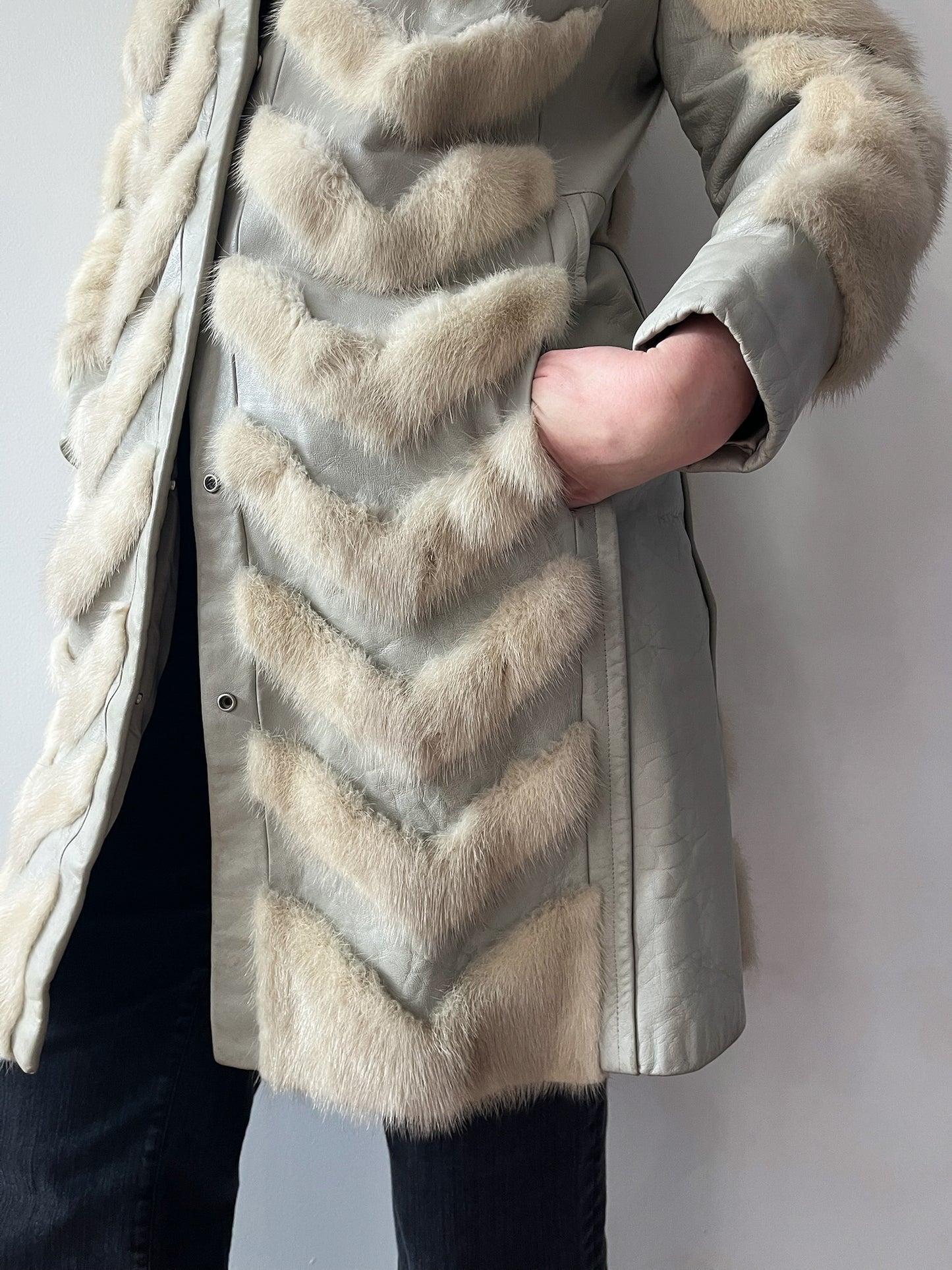 1970s Vintage Mink and Leather Chevron Coat by Franklin Simon New York