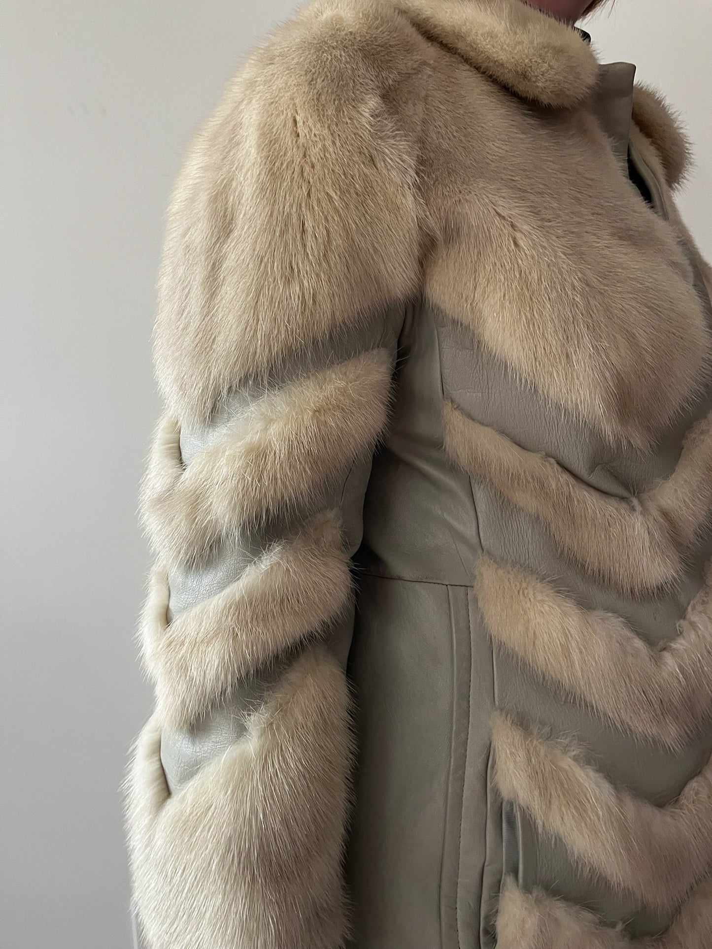 1970s Vintage Mink and Leather Chevron Coat by Franklin Simon New York