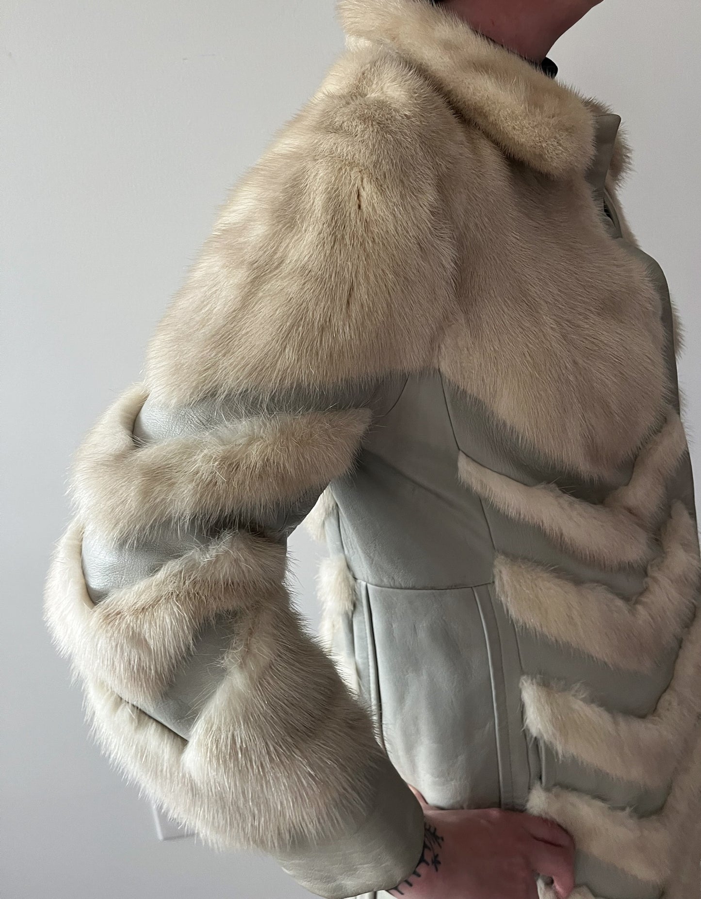 1970s Vintage Mink and Leather Chevron Coat by Franklin Simon New York