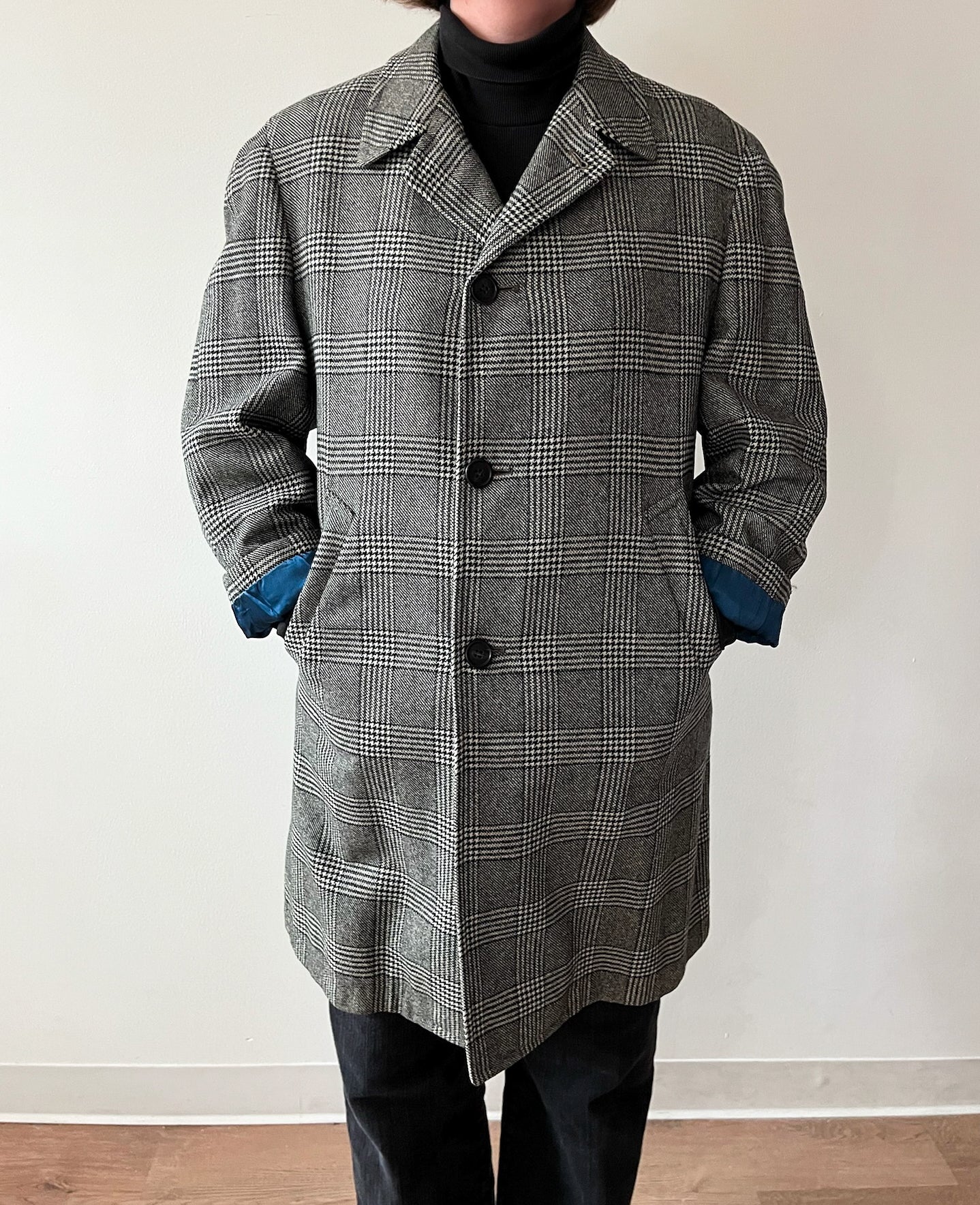 1950s Vintage Plaid Wool Houndstooth Dress Coat with Blue Satin Lining