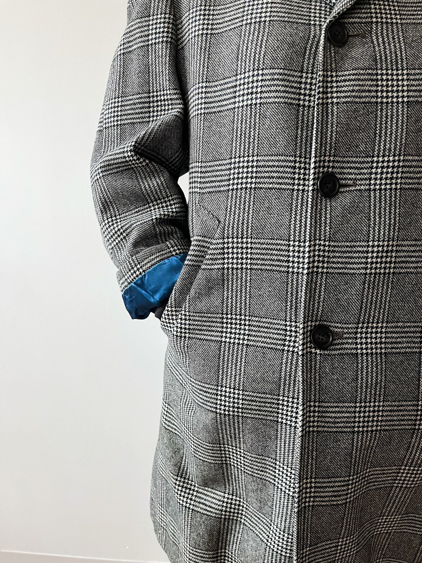 1950s Vintage Plaid Wool Houndstooth Dress Coat with Blue Satin Lining