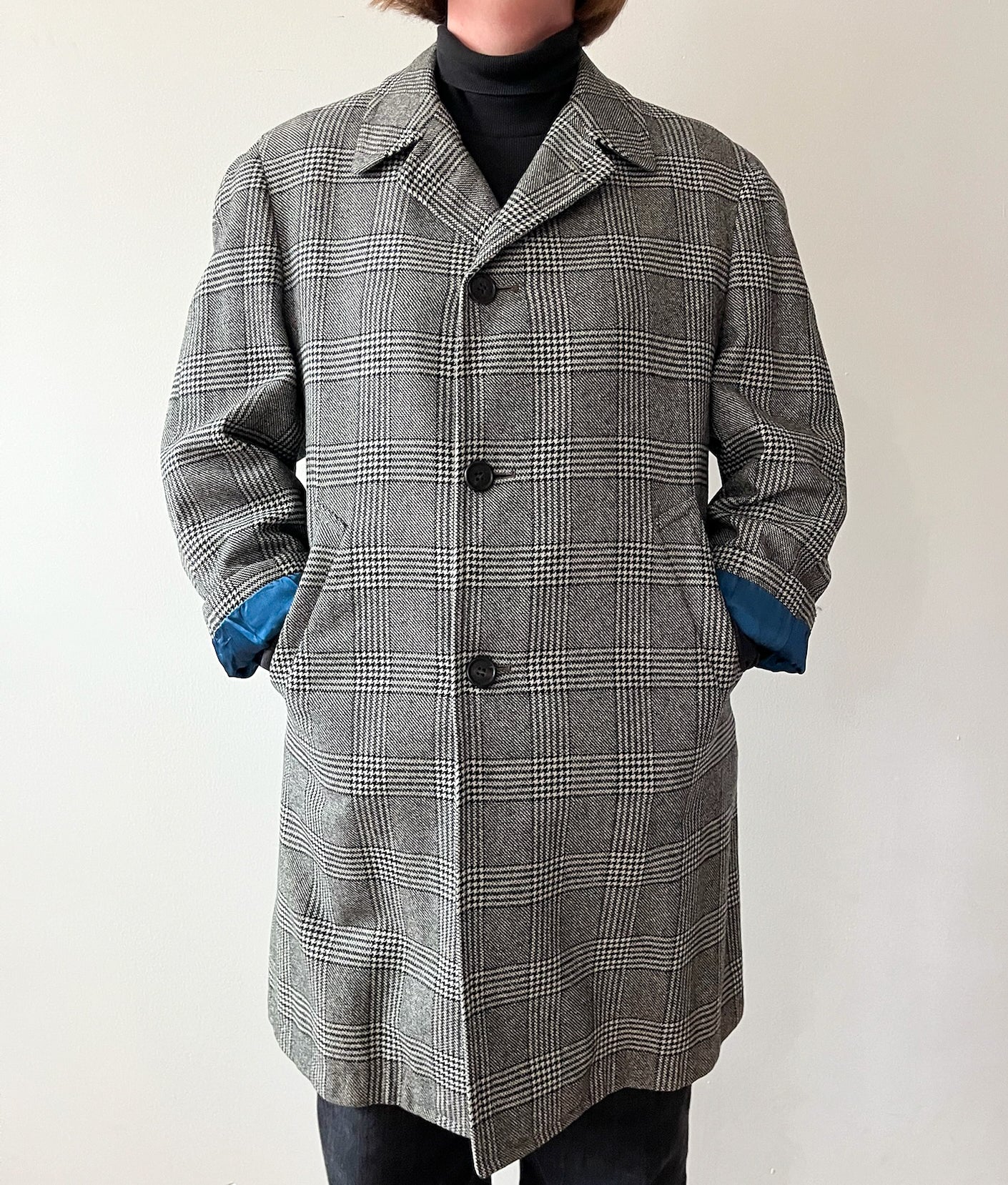 1950s Vintage Plaid Wool Houndstooth Dress Coat with Blue Satin Lining