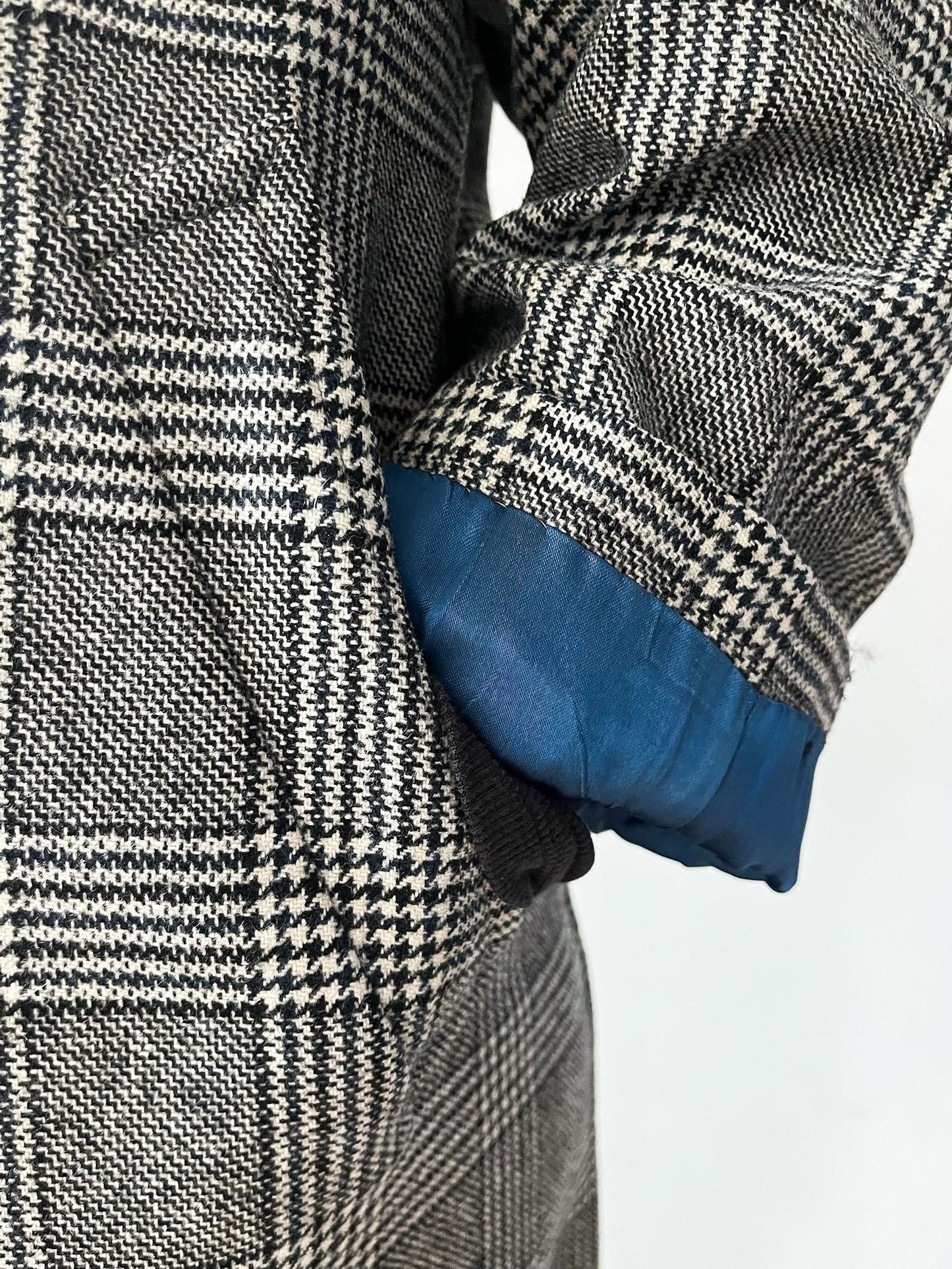 1950s Vintage Plaid Wool Houndstooth Dress Coat with Blue Satin Lining