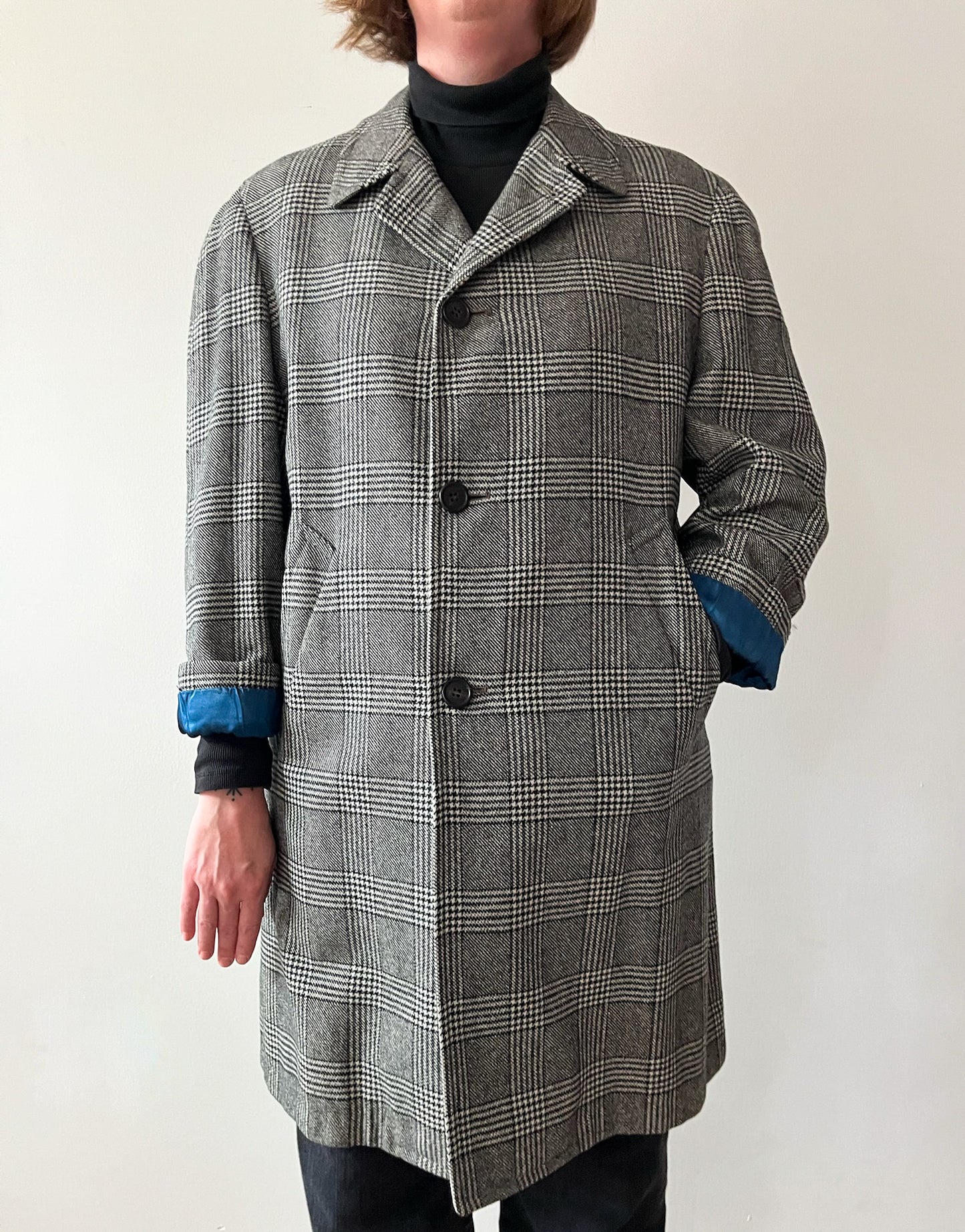 1950s Vintage Plaid Wool Houndstooth Dress Coat with Blue Satin Lining