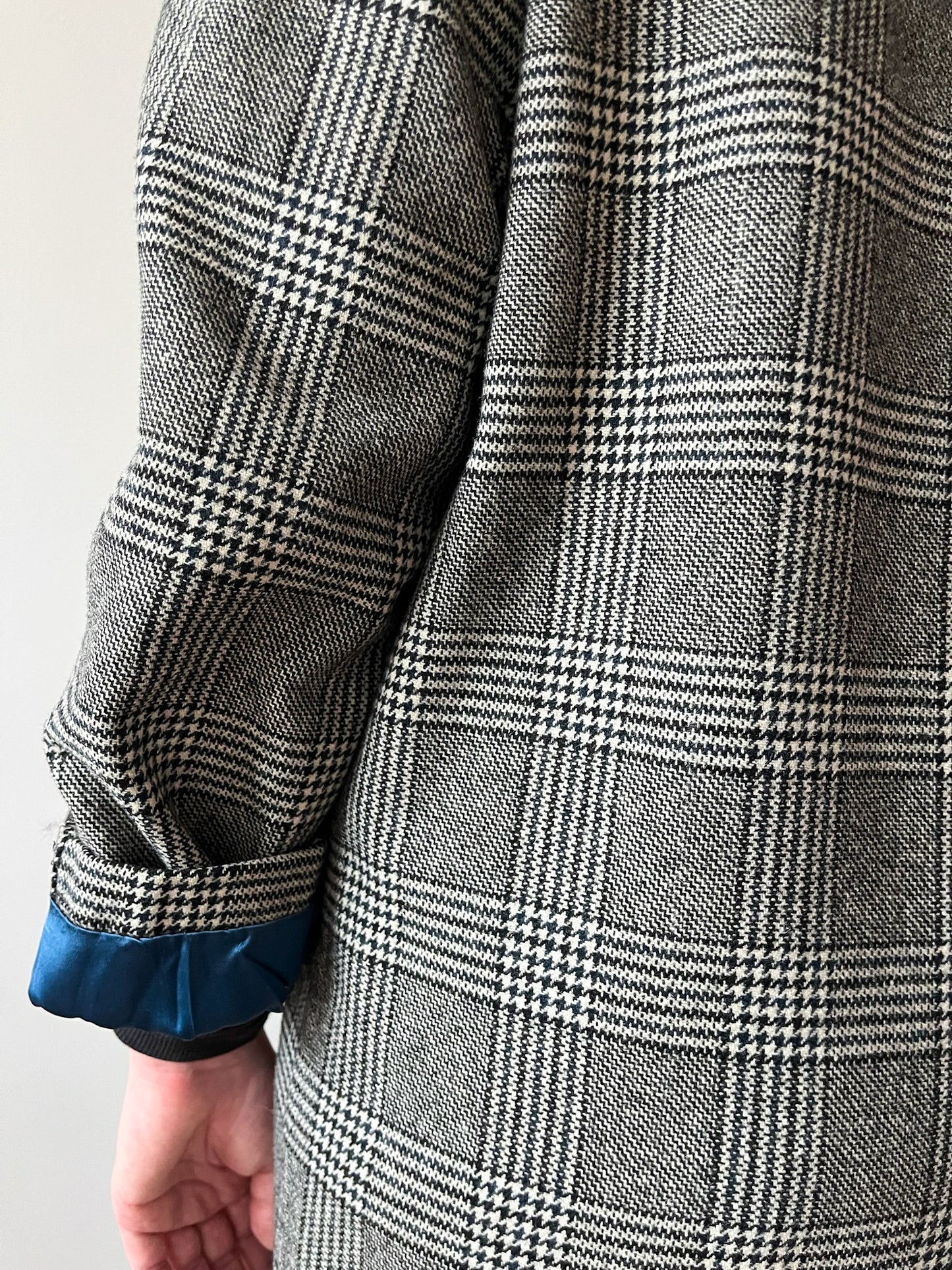 1950s Vintage Plaid Wool Houndstooth Dress Coat with Blue Satin Lining