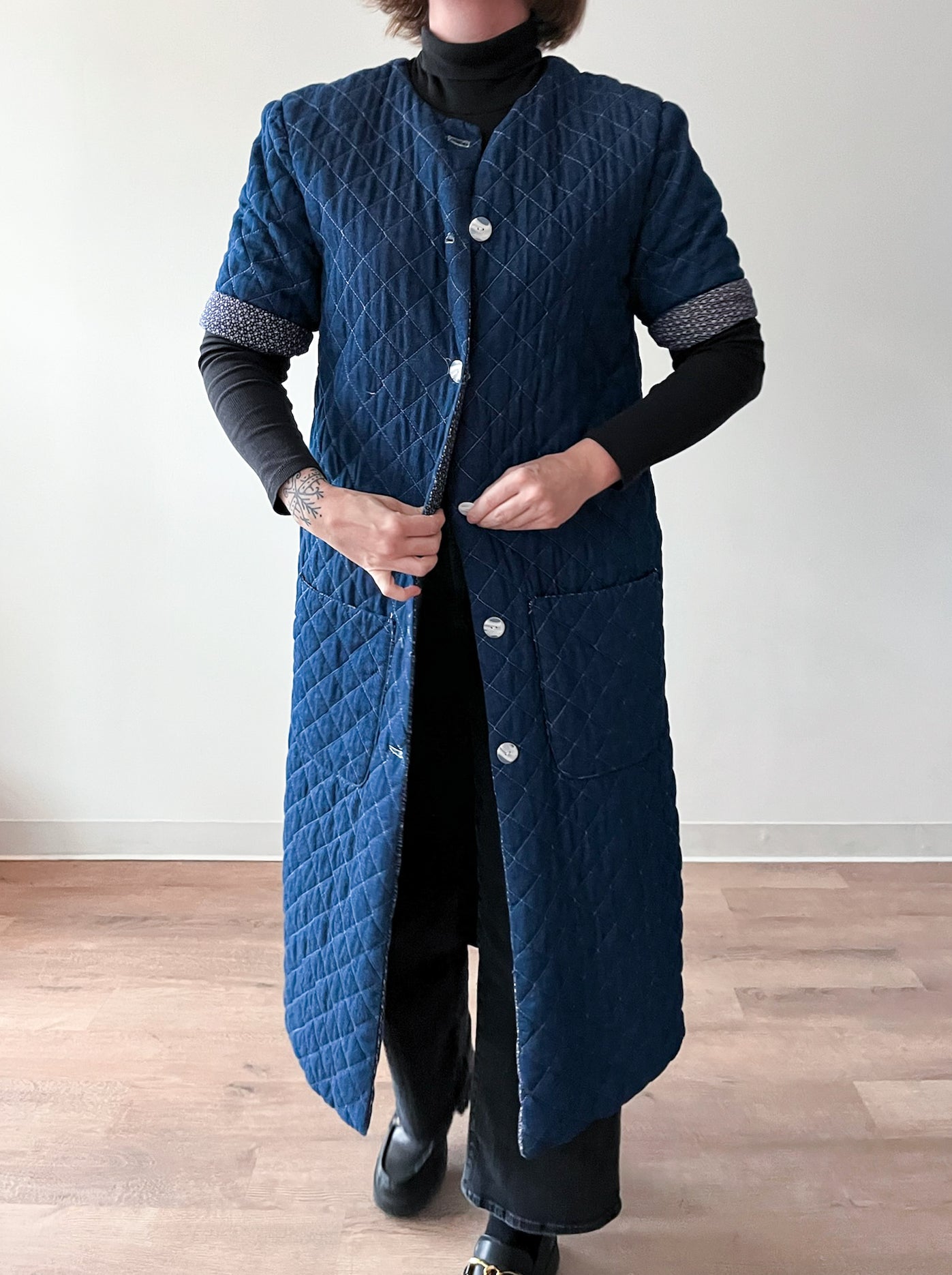 1990s Vintage Handmade Long Quilted Denim Duster Coat