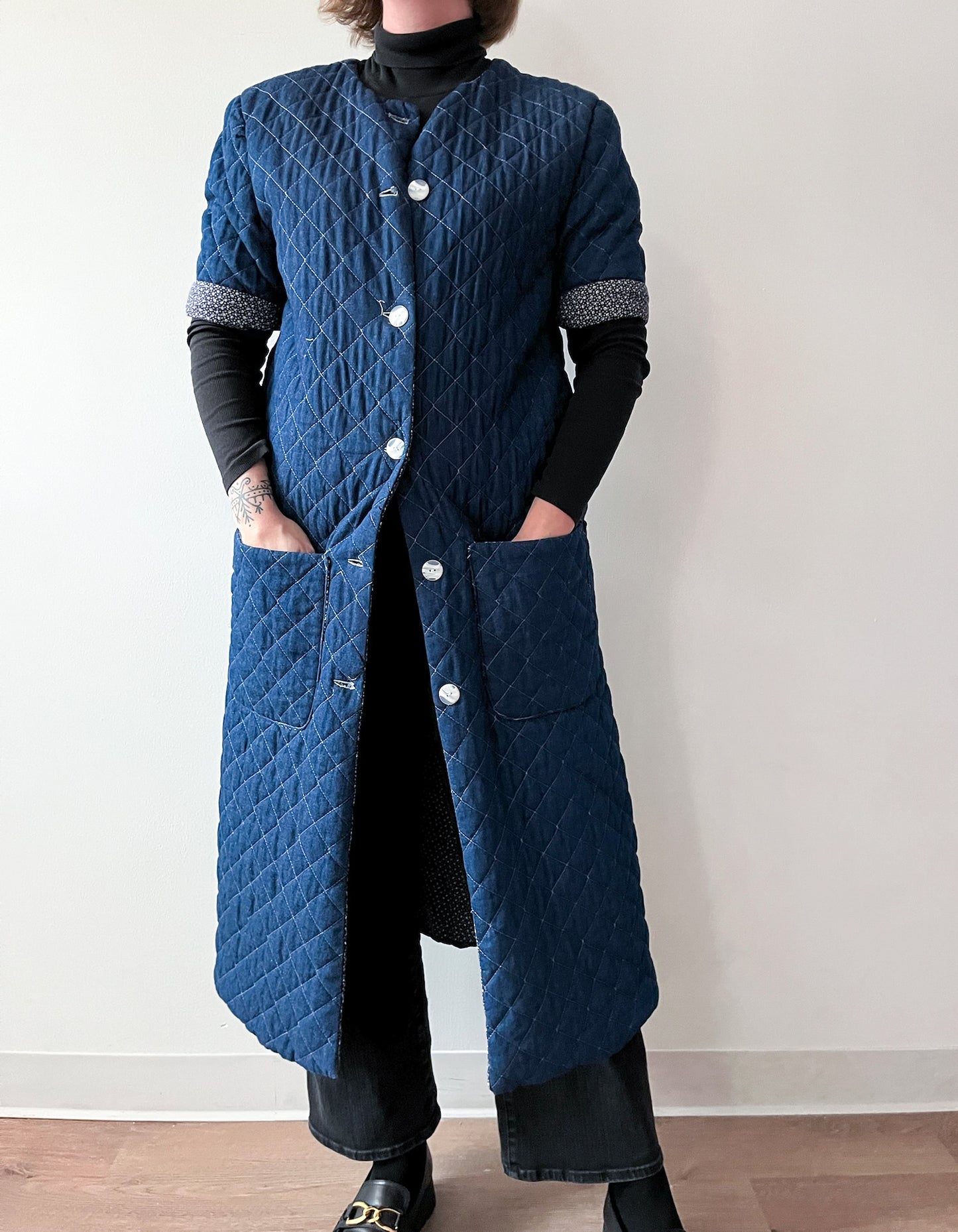 1990s Vintage Handmade Long Quilted Denim Duster Coat