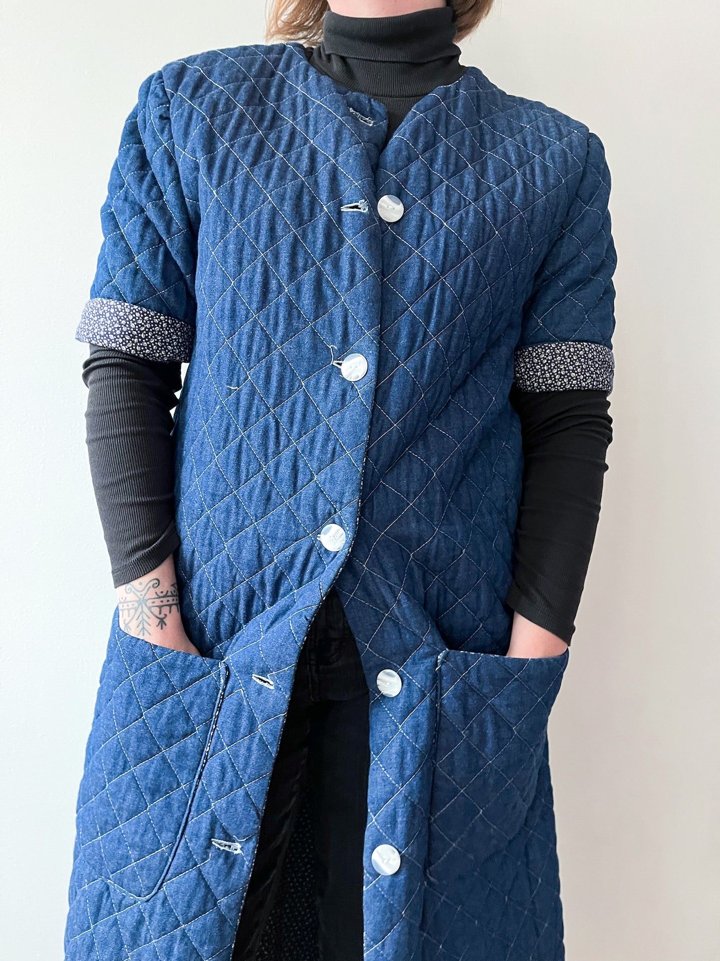 1990s Vintage Handmade Long Quilted Denim Duster Coat