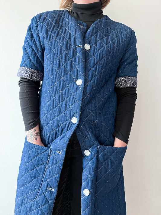 1990s Vintage Handmade Long Quilted Denim Duster Coat