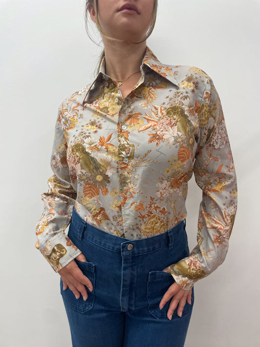 1970s Vintage Vargas for Playboy Pin Up Girls Dagger Collar Disco Shirt