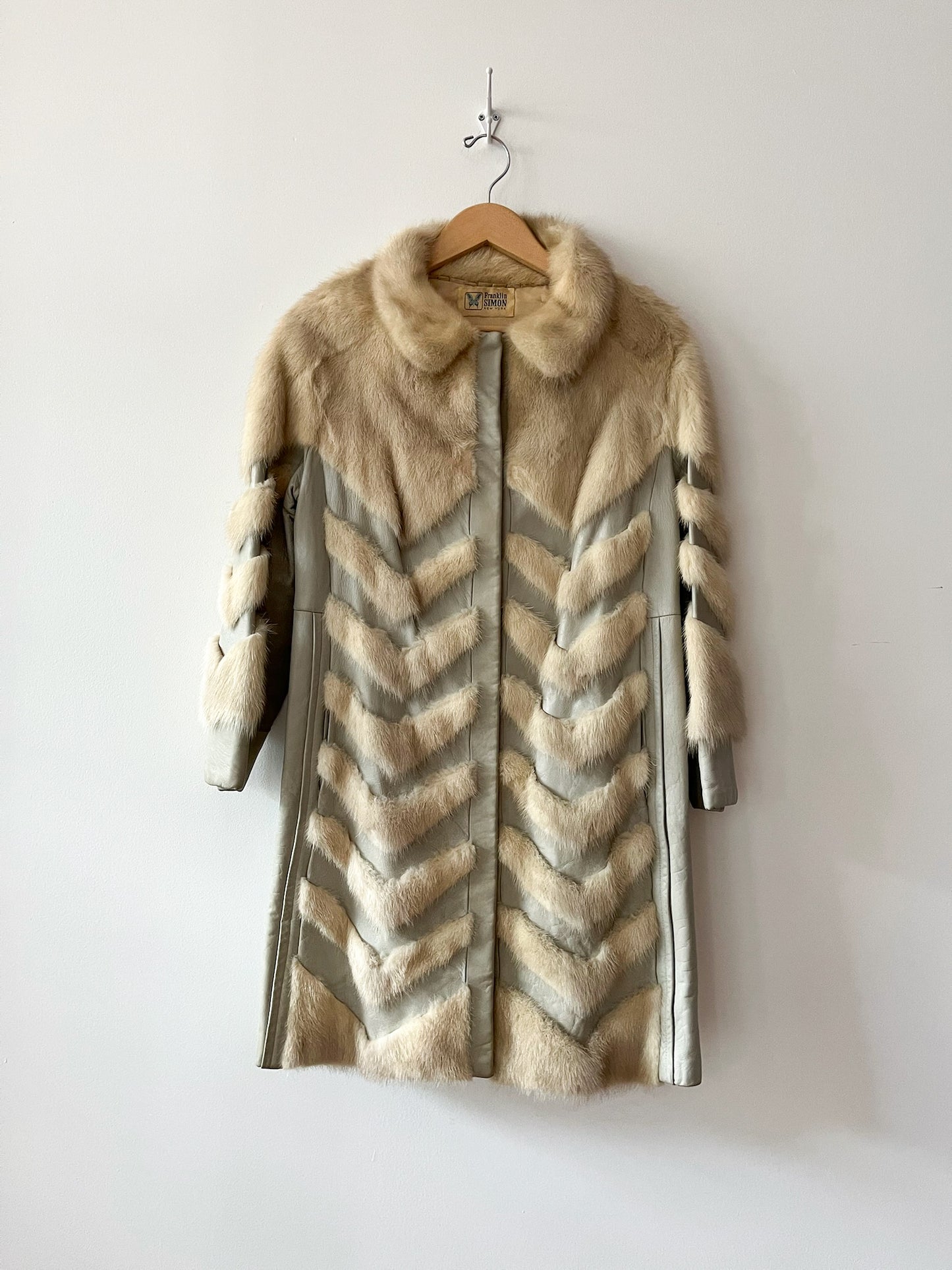 1970s Vintage Mink and Leather Chevron Coat by Franklin Simon New York