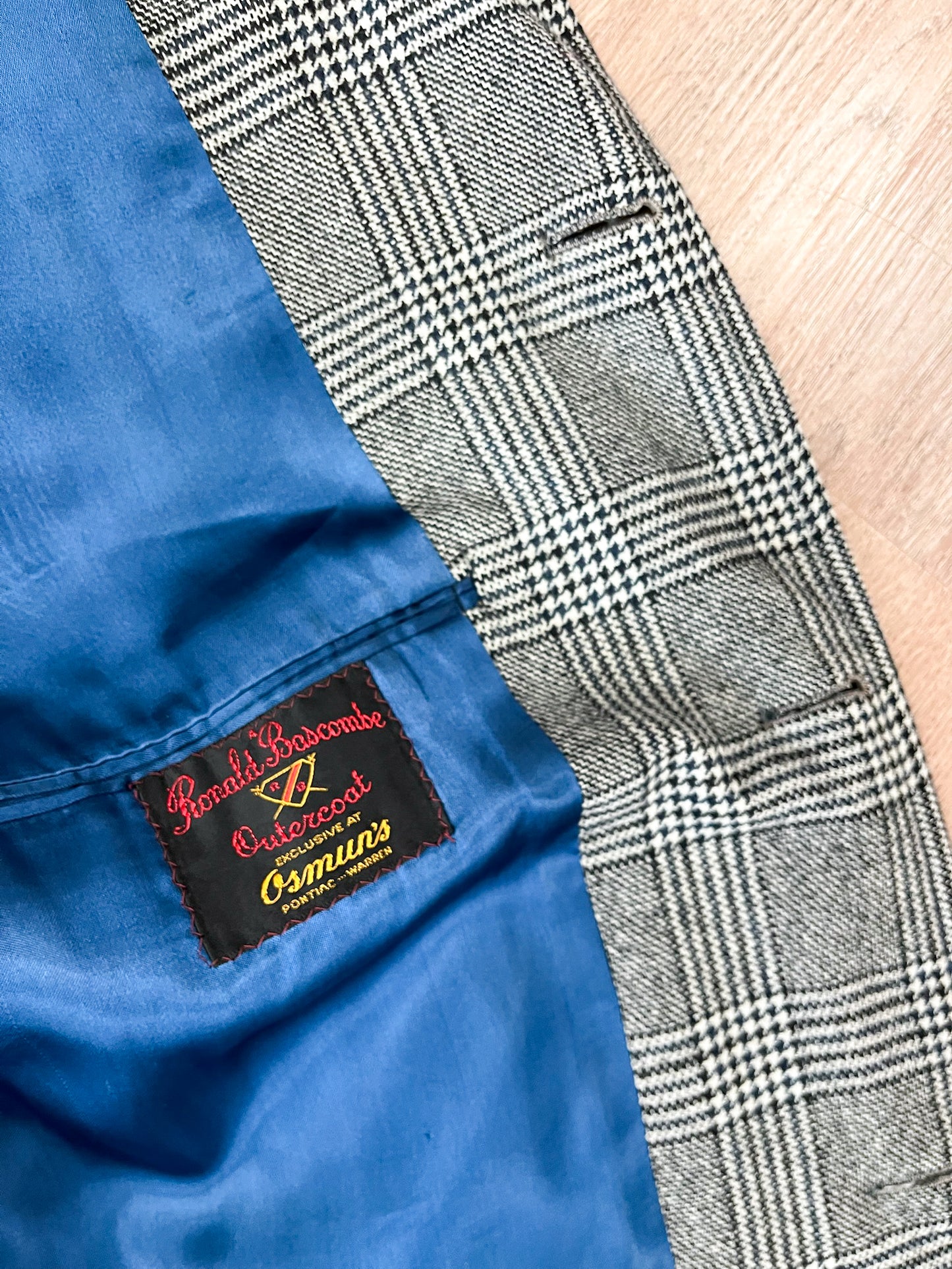 1950s Vintage Plaid Wool Houndstooth Dress Coat with Blue Satin Lining