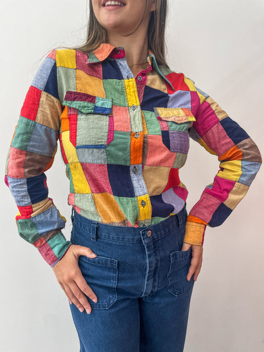 1970s Vintage Madras Rainbow Indian Cotton Dagger Collar Shirt
