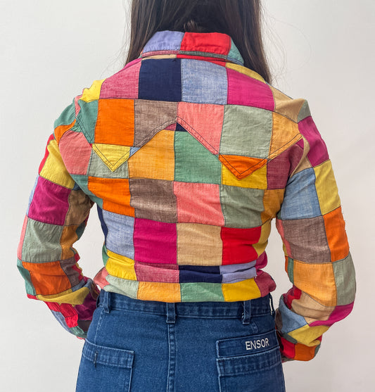 1970s Vintage Madras Rainbow Indian Cotton Dagger Collar Shirt