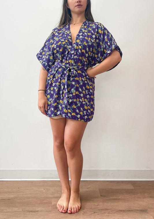 1980s Vintage Purple Pansy Short Robe