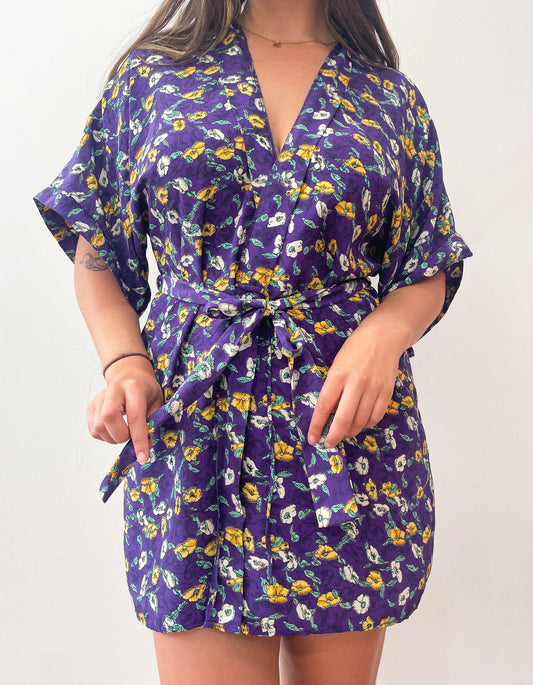 1980s Vintage Purple Pansy Short Robe