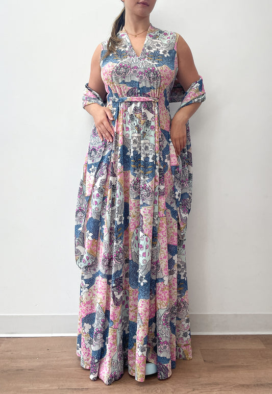 1970s Vintage Star Ladies Grecian Inspired Epic 70s does 20s Novelty Print Disco Dress & Scarf